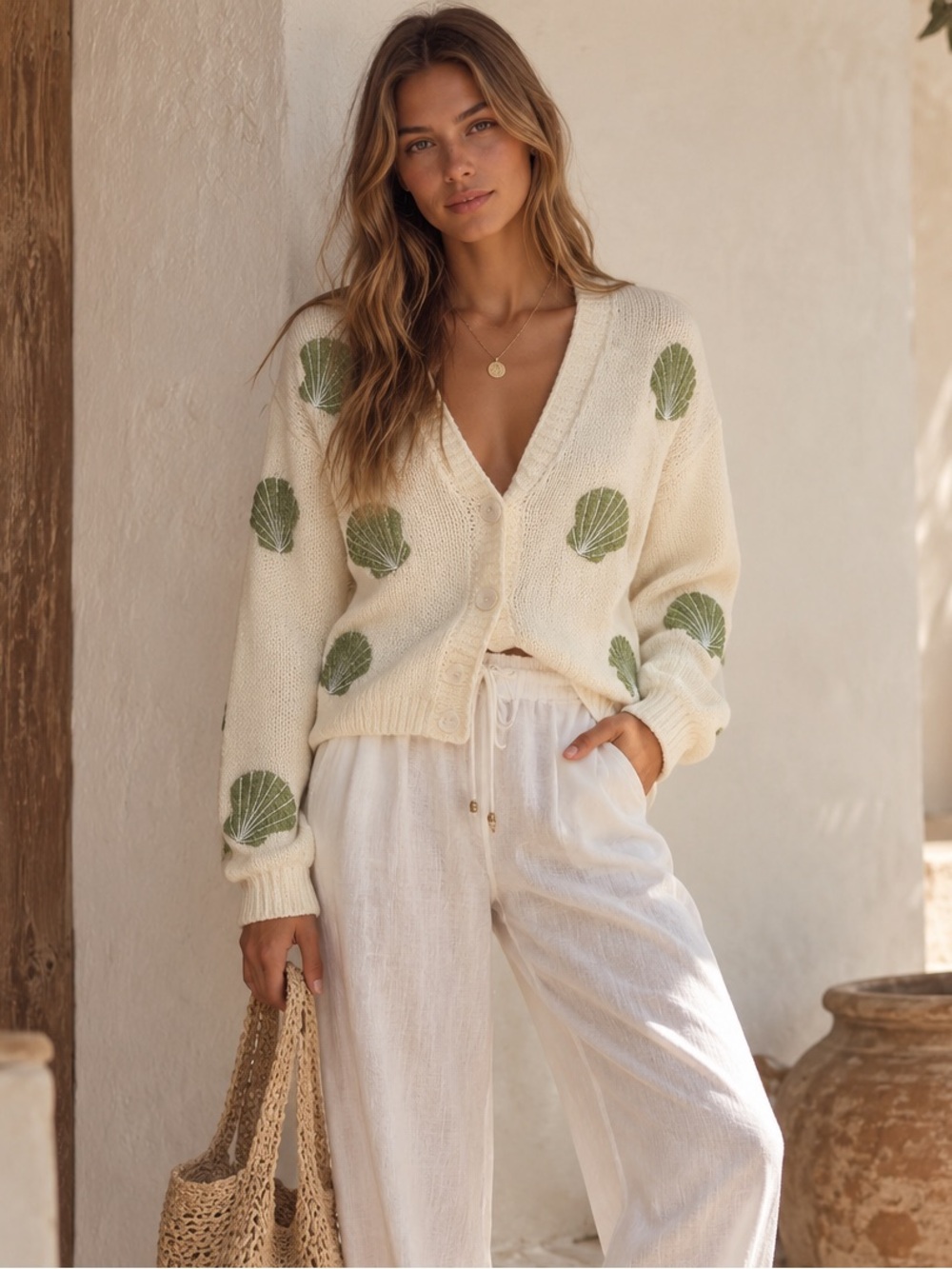 emory park Cream Cardigan with Green Shell Accents
